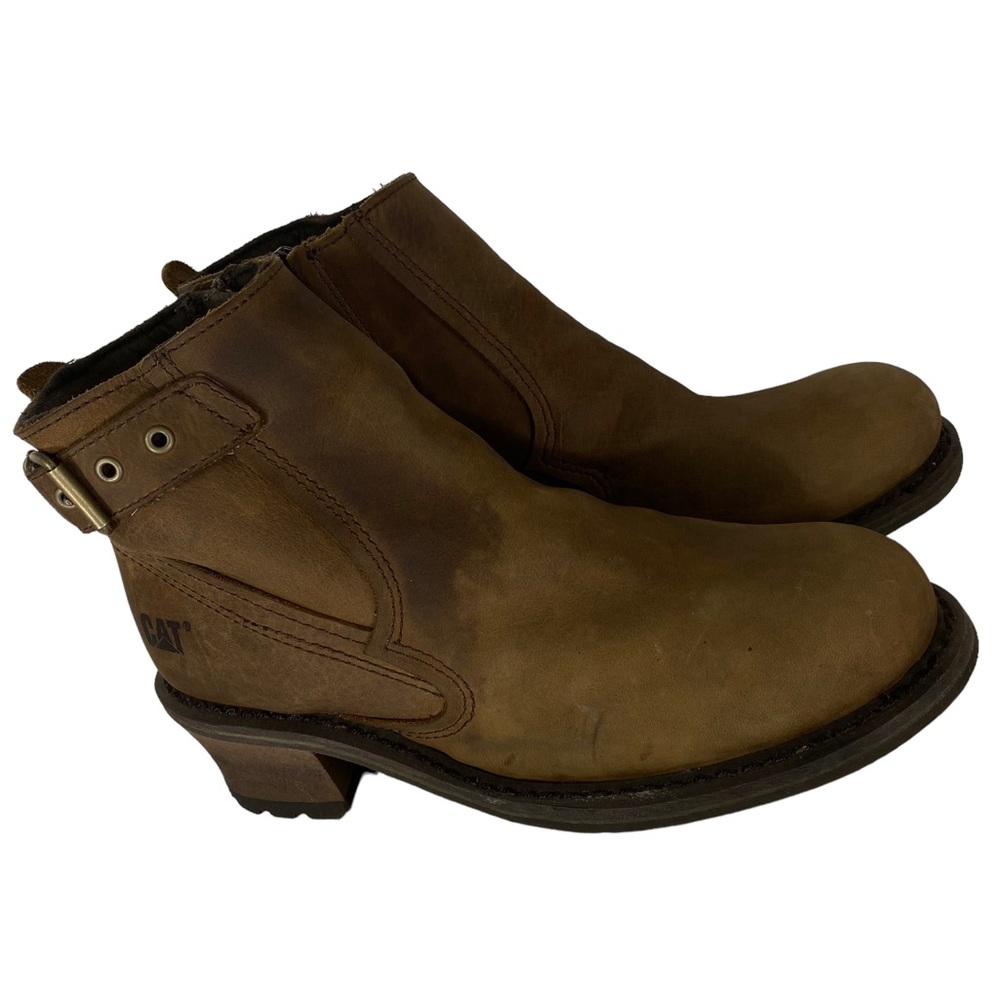 Caterpillar Brown Leather Work Boots Waterproof Moto Engineer Chunky Heel FLAW